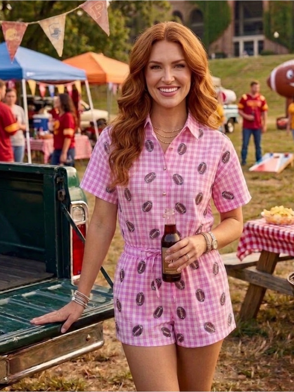 New! QUEEN OF SPARKLES Pink & White Gingham Football Top & Shorts Set